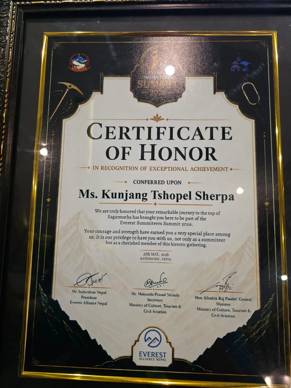 Everest Alliance Nepal Certificate of Honor